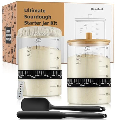 HomeFeel Premium Sourdough Starter Jar - 34 Oz Large Glass Jar with Bamboo Lid, Cloth Cover, Date Tracker, Thermometer and Scraper, Stylish Design and Wide Mouth Starter Kit (2 Pack) - size: 34 Oz