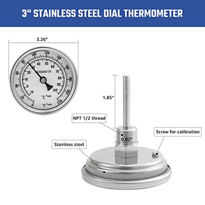 NPT 1/2 Brewing Dial Thermometer - Stainless Steel Kettle Thermometer with 3" Large Dial (0-220F / -10-100C)