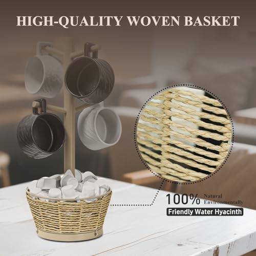 Wood Mug Holder Tree with Woven Basket, 4 Hooks Coffee Mug Holder, Countertop Mug Tree for Kitchen Counter Cabinet Coffee Bar Accessories Cup Display Organizer Hanger(Brown) - color: Brown