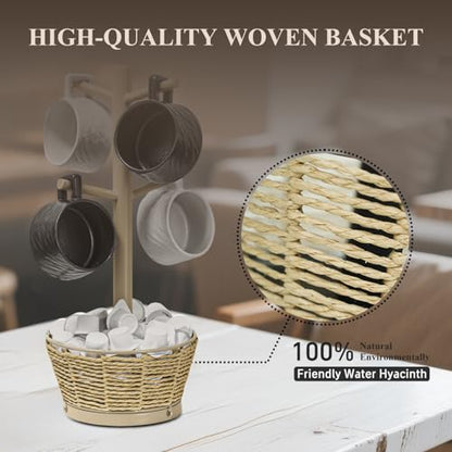 Wood Mug Holder Tree with Woven Basket, 4 Hooks Coffee Mug Holder, Countertop Mug Tree for Kitchen Counter Cabinet Coffee Bar Accessories Cup Display Organizer Hanger(Brown) - color: Brown