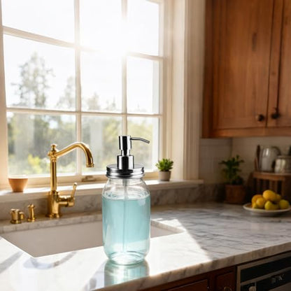 Amolliar Quart Size Mason Jar Liquid Soap Dispenser, 32OZ Glass Pump Bottle Rustproof Stainless Steel Pump Lid Lotion Dispenser, Regular Mouth Dish Soap Dispenser for Bath, Hand Soap, Silver 1 Pack - color: Silve, size: 1 Pack