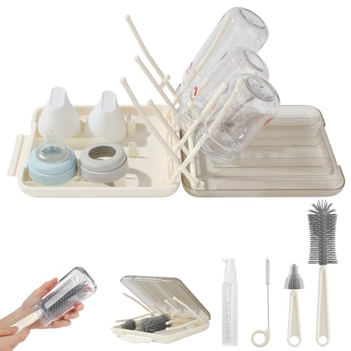 6 in 1 Baby Bottle Brush Set,Bottle Cleaner Brush Kit with Silicone Bottle Brush,Drying Rack,Nipple Brush,Straw Brush,Soap Dispenser&Storage Box,Portable Baby Essentials for Home&Travel (White) - color: White