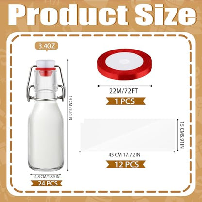 24 Pcs Christmas Coquito Swing Top Glass Bottles 3.4 oz Round Flip Top Brewing Bottles with Pine Needle Stickers for Home Brewing Liqueur DIY Wedding Christmas Gifts Party Favor - size: 3.4 oz
