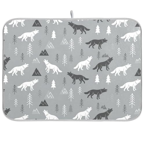 Wolves Tree Gray Dish Drying Mat for Kitchen Counter Super Absorbent Draining Mat with Non-slip Backed Dish Rack Pad for Draining Racks Countertops Sinks Dish Bottles Cups Bowl