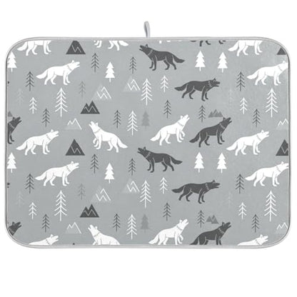 Wolves Tree Gray Dish Drying Mat for Kitchen Counter Super Absorbent Draining Mat with Non-slip Backed Dish Rack Pad for Draining Racks Countertops Sinks Dish Bottles Cups Bowl