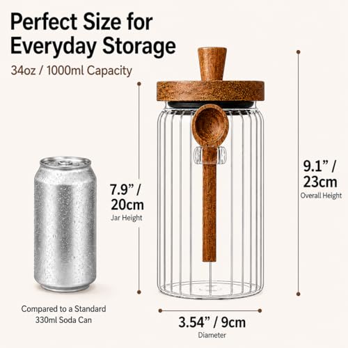 ANSQU Glass Jar with Wooden Lid & Spoon, Food Storage Containers Coffee Jar Coffee Grounds Container, Food Storage Canister (34oz-2pack-stripe) - size: 34oz-2pack-stripe