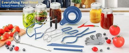 Canning Supplies Starter Kit,Canning Kit for Beginners of 9 with Jar Lifter，Wide Mouth Funnel,Wrench,Tongs,Lid Lifter,Bubble Popper,Canning Labels,ladle,Measuring spoon-Blue - color: X9-Blue