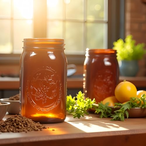 Amber Glass Mason Jars, 32oz Wide Mouth Jars 6 Pcs, Air Tight, Leak Resistant, Large Canning Jars, Quart Mason Jars for Canning, Storing Food, Spices, Meal Prep and Overnight Oats