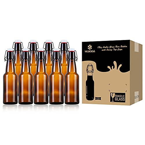 YEBODA 12 oz Amber Glass Beer Bottles for Home Brewing with Flip Caps, Case of 9
