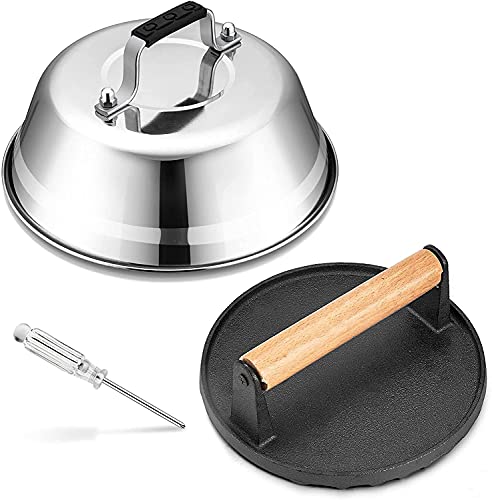 HaSteeL Melting Dome & Grill Press for Griddle, Stainless Steel 9In Basting Cover & Heavy Duty 7In Wooden Burger Press, Griddle Accessories Kit Great for Flat Top Teppanyaki Cast Iron Indoor Outdoor - size: 9" Dome & Round Press