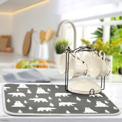 Polar Bears Trees Black Dish Drying Mat for Kitchen Counter Super Absorbent Draining Mat with Non-slip Backed Coffee Mat for Dish Bottles Cups Bowl Draining Racks Countertops Sinks