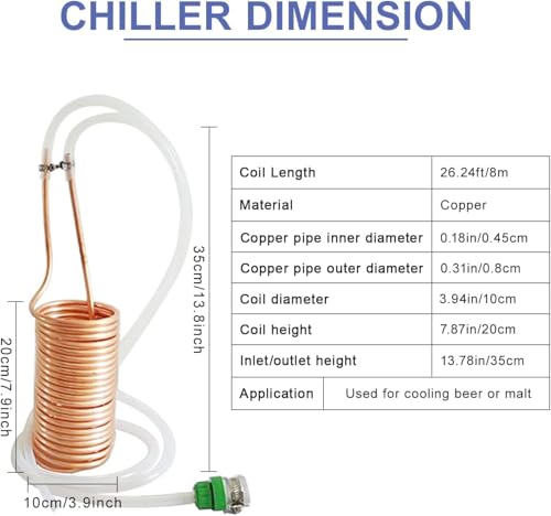 Wort Chiller, Food Grade 304 Stainless Steel Coil, 26 ft Water Chiller for Beer Brewing with Vinyl Tubing, Garden Hose Fitting