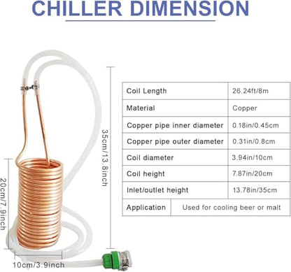 Wort Chiller, Food Grade 304 Stainless Steel Coil, 26 ft Water Chiller for Beer Brewing with Vinyl Tubing, Garden Hose Fitting