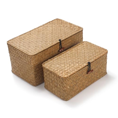 DOKOT Rectangular Seagrass Storage Basket with Lid, Natural, Set of 2 (M+S) | Handwoven, For Shelves, Home Organizer Bins - size: Set of 2 (S+M)
