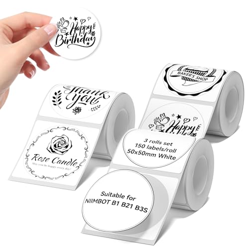 NIIMBOT Labels 3 Rolls Set for B1/B21/B31 Sticker Printer, 50x50mm (1.97'' x 1.97'') 150 Labels/Roll, Refill Labeling Tape for Home School Office Small Business (White Round) - color: 50mm×50mm-white Round