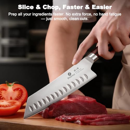imarku Santoku Chef Knife 7 Inch, Ultra Sharp High Carbon Stainless Steel Japanese Kitchen Knife with Hollow Edge | Ergonomic Pakkawood Handle, Gift Box for Meat/Vegetables/Tomatoes & Daily Cooking - color: Arctic Silver