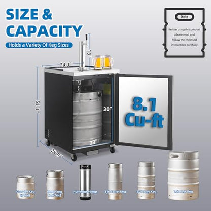 Polarman Beer Kegerator Single Tap Draft Beer Dispenser for Bars and Restaurants Full Size Commercial Keg Refrigerator 24” Stainless Steel With Drip Tray, 33°F- 41°F Temperature Control-Direct Draw - size: 24"W Single Tap