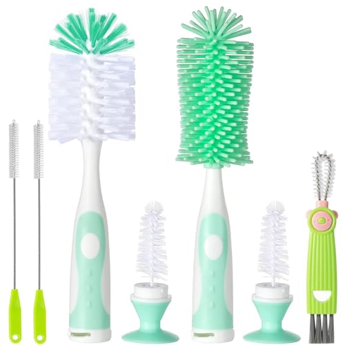 Baby Bottle Brush, 5 in 1 Bottle Cleaner Brush Set with Nylon and Silicone Bottle Brush, Straw Brush, Bottle Brush with Nipple Cleaner and Suction Cup, Cup Lid Cleaner Brushes Kit, BPA-Free (Green) - color: Green-nylon & Silicone Brush