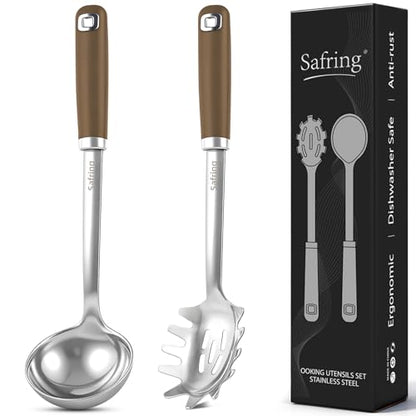Safring Stainless Steel Soup Ladle and Spaghetti Spoon Set, Heat Resistant Rubber Handle, Dishwasher Safe, Kitchen Utensils for Cooking, Stirring, Serving Pasta, Soup & Sauce (Coffee) - color: Coffee