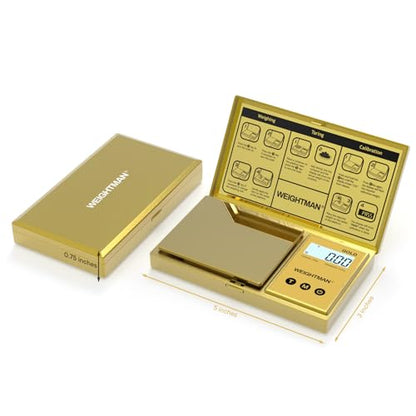 WEIGHTMAN Digital Scale Gram, 200g/0.01g Pocket Scale Gold Titanium Plating, LCD Backlit Display, Mini Jewelry Scale with 6 Units, Auto Off, Tare Function for Food, Coins, Battery Included - color: Gold