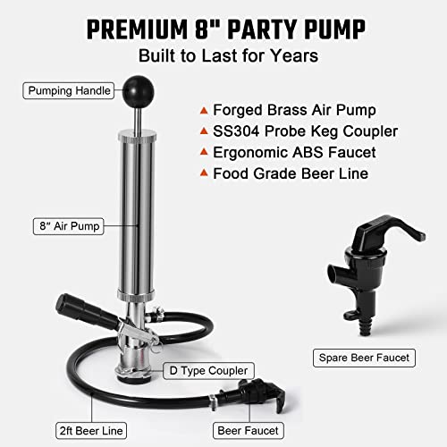 8” Keg Tap Beer Keg Party Pump, D System Beer Taps for Kegs, Kegerator Tap Stainless Steel Probe Coupler with Beer Line Faucet Hose Clamps for Homebrew