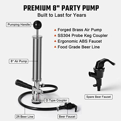 8” Keg Tap Beer Keg Party Pump, D System Beer Taps for Kegs, Kegerator Tap Stainless Steel Probe Coupler with Beer Line Faucet Hose Clamps for Homebrew