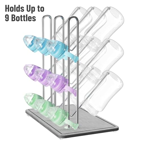 NiHome Baby Bottle Drying Rack with Diatomite Base & Stainless Steel Frame, Foldable Countertop Organizer Holds 9 Bottles, Space-Saving Stand for Water Bottles, Lids, Reusable Bags & More