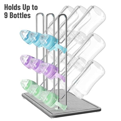 NiHome Baby Bottle Drying Rack with Diatomite Base & Stainless Steel Frame, Foldable Countertop Organizer Holds 9 Bottles, Space-Saving Stand for Water Bottles, Lids, Reusable Bags & More