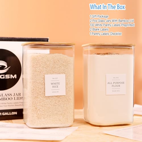 CZZGSM 2 Pack Square Glass Flour and Sugar Containers with 132 Kitchen Pantry Labels - Thicken 149 FL OZ Large Glass Storage Jars with Airtight Bamboo Lid - Big Food Canisters for Rice, Pasta, Cookie - size: 149OZ