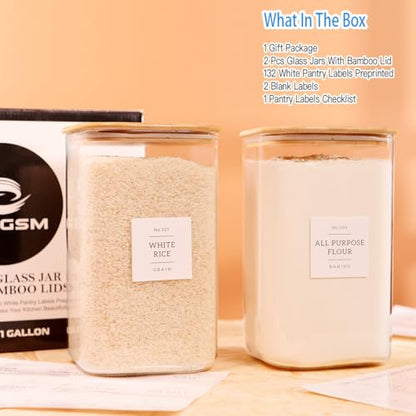 CZZGSM 2 Pack Square Glass Flour and Sugar Containers with 132 Kitchen Pantry Labels - Thicken 149 FL OZ Large Glass Storage Jars with Airtight Bamboo Lid - Big Food Canisters for Rice, Pasta, Cookie - size: 149OZ