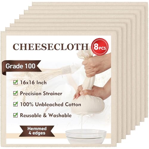 TOPULORS Cheese Cloths, 8 PCS 16x16 Inch, Hemmed 4 Edges, Grade 100 Ultra Fine 100% Unbleached Cotton - Reusable Straining & Cooking Cloth for Cheese Making, Nut Milk, Yogurt Strainer, Food Filtering - size: 8 PCS - 16x16 Inch