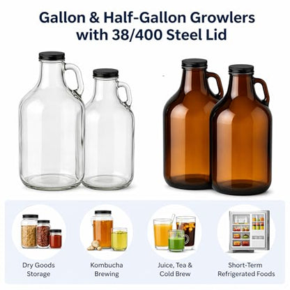 Metal Growler Caps For 1-Gallon & 1/2-Gal Sized Glass Growler Jugs - 1.5" (38mm) Dia, Made in USA - Beer/Kombucha/Homebrew Bottle - Food Grade Lid w/Continuous Thread & Plastisol Liner (12, Black) - color: Black