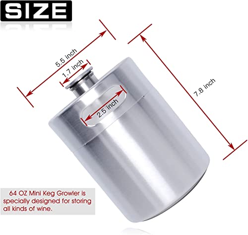 Mini Keg Growler, Pressurized Growler 64 OZ 304 Stainless Steel Mini Keg with Seal knob Cover for Home kitchen Brewing Beer(2L) | Airtight seal for freshness Compact & portable design Pressure relief valve cap