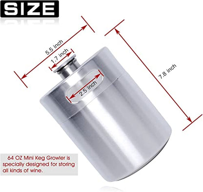 Mini Keg Growler, Pressurized Growler 64 OZ 304 Stainless Steel Mini Keg with Seal knob Cover for Home kitchen Brewing Beer(2L) | Airtight seal for freshness Compact & portable design Pressure relief valve cap