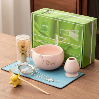 Matcha whisk 7-piece set,Pink Matcha Set， matcha bowl with nozzle, matcha whisk stand, spoon, stainless steel sieve, cloth mat, spoon stand, is a home kitchen decoration gift (pink)