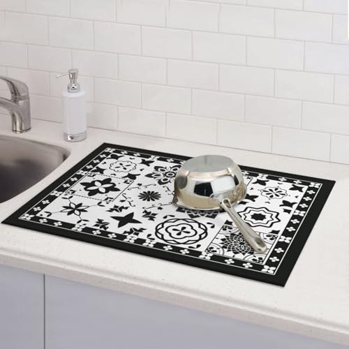 Retro Black Pattern Dish Drying Mat For Kitchen Counter, Super Absorbent Microfiber Dish Drying Pad, Kitchen Gadgets For Easy Clean Multi-Use Large 18"x24" - color: Retro Black Pattern