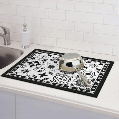 Retro Black Pattern Dish Drying Mat For Kitchen Counter, Super Absorbent Microfiber Dish Drying Pad, Kitchen Gadgets For Easy Clean Multi-Use Large 18"x24" - color: Retro Black Pattern