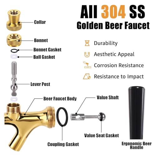 Golden Kegerator Tap Beer Faucet, 2Pcs All 304 Stainless Steel Draft Keg Tap Beer Tower Faucet with Beer Covers Caps Plugs, Beer Dispenser Kegerator Parts for Homebrew