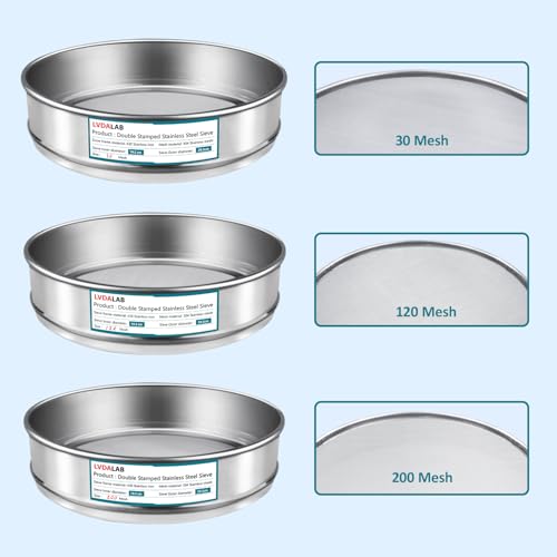 3 Pack 304 SUS Mesh Lab Sieves,200mesh(0.075mm),120 Mesh 0.125mm,30 Mesh 0.6mm Aperture Test Sieve,7.9in/20cm Dia Economy Test Sieve for Industrial Laboratory Homes - style: 200+120+30