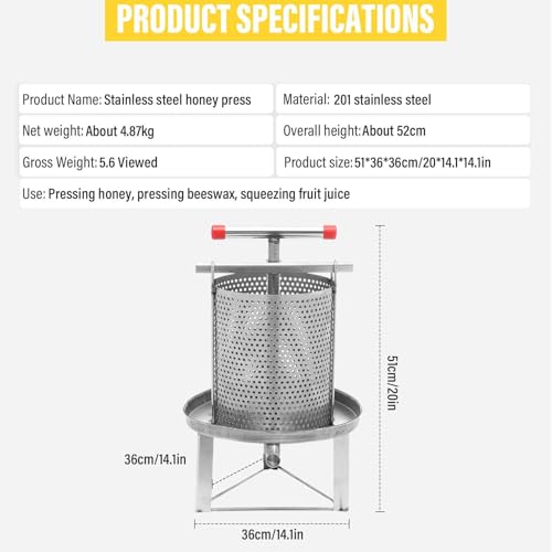 Manual Honey Press, Household Manual Mesh Press Extractor Machine, Stainless Steel Beekeeping Extraction, Extractor Beekeeping Tool, for Wine Honey and Juice Making