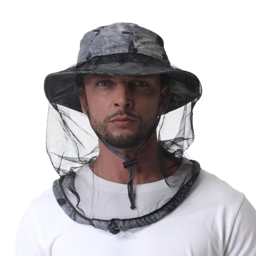 Mosquito Head Net Hat UPF 50+ Sun Protection Bug Hat for Men Women | Sun Visor Style, Perfect for Safari, Hiking, Beekeeping, Camping & Gardening - color: Dark Grey Camouflage