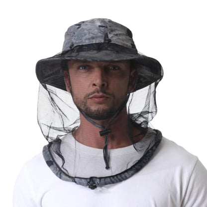 Mosquito Head Net Hat UPF 50+ Sun Protection Bug Hat for Men Women | Sun Visor Style, Perfect for Safari, Hiking, Beekeeping, Camping & Gardening - color: Dark Grey Camouflage