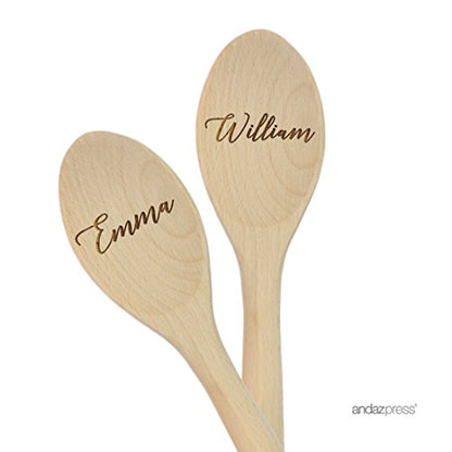 Andaz Press Personalized Laser Engraved Wooden Mixing Spoon, 12-inch, Script Names, 2-Pack, Custom Bride and Groom Names - color: Custom Wedding Script Names