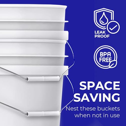 5-Gallon White Bucket Pail Container with Lid | Food Grade | Heavy-Duty 90MIL Extra Durable | Metal Handles with Plastic Grip for Easy Carrying | Multi-Use | Easy Stack and Store | BPA Free - 3 Pack