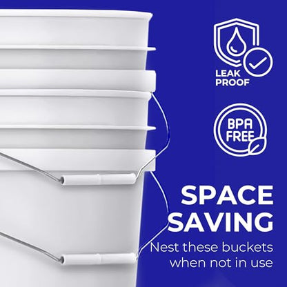 5-Gallon White Bucket Pail Container with Lid | Food Grade | Heavy-Duty 90MIL Extra Durable | Metal Handles with Plastic Grip for Easy Carrying | Multi-Use | Easy Stack and Store | BPA Free - 3 Pack