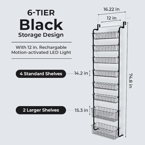 Over Door Organizer Storage - 6 Tier Black Metal Over the Door Pantry Organizer Heavy Duty Hanging Storage Rack, Behind Cabinet Shelves for Home, Kitchen, Bathroom, Closet, Pantry