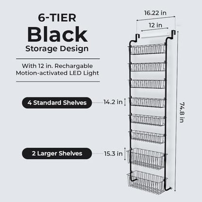 Over Door Organizer Storage - 6 Tier Black Metal Over the Door Pantry Organizer Heavy Duty Hanging Storage Rack, Behind Cabinet Shelves for Home, Kitchen, Bathroom, Closet, Pantry