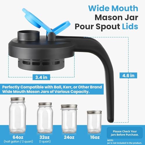 UPGRADED- Mason Jar Pour Spout Lids with Detachable Filters for Wide Mouth Mason Jars - 2 Pack Flip Top Pitcher Lids with Handle for Ball & Others- Airtight Seal Cover Cap, Dishwasher Safe, Food Grade