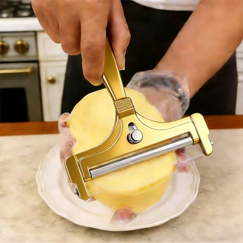Cheese Slicer, AIDOIT Stainless Steel Wire Cheese Slicer, Adjustable Thickness Cheese Cutter with 8 Extra Wires for Soft, Semi-hard, Hard Cheeses, Gold - color: Gold