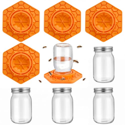 8 Pack Bee Feeder for Mason Jar Bee Watering Station Garden Silicone Sugar Water Feeder Beekeeping Drinking Equipment Tools with Mason Jars for Drinking Water(Orange,Hexagon) - color: Orange, style: Hexagon